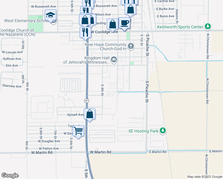 map of restaurants, bars, coffee shops, grocery stores, and more near 1048 South 3rd Street in Coolidge