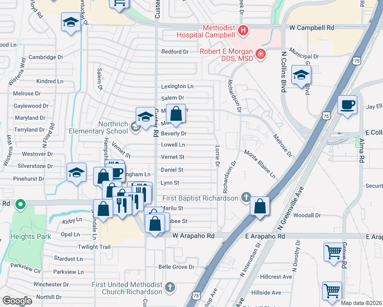 map of restaurants, bars, coffee shops, grocery stores, and more near 425 Lowell Lane in Richardson