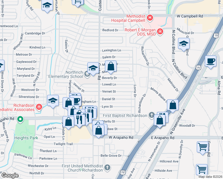 map of restaurants, bars, coffee shops, grocery stores, and more near 425 Lowell Lane in Richardson