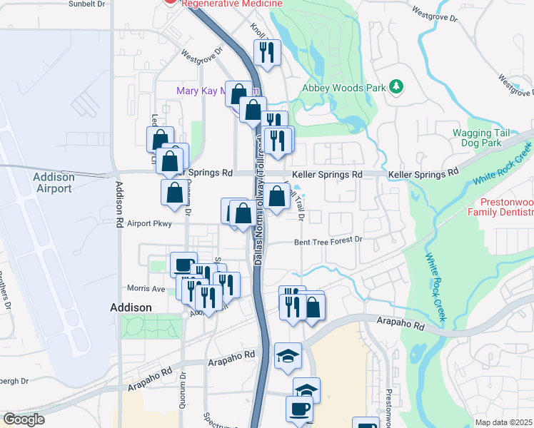 map of restaurants, bars, coffee shops, grocery stores, and more near 15950 Dallas Parkway in Dallas