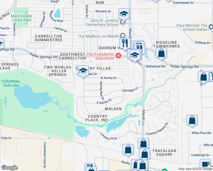map of restaurants, bars, coffee shops, grocery stores, and more near 2803 Quail Ridge Drive in Carrollton