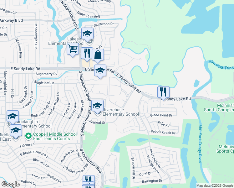 map of restaurants, bars, coffee shops, grocery stores, and more near 1201 East Sandy Lake Road in Coppell