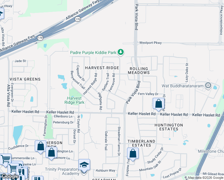 map of restaurants, bars, coffee shops, grocery stores, and more near 13120 Fencerow Road in Fort Worth