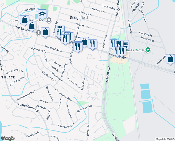 map of restaurants, bars, coffee shops, grocery stores, and more near 4255 Harbour Lake Drive in Goose Creek