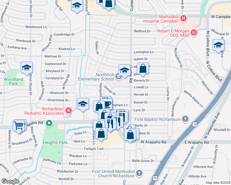 map of restaurants, bars, coffee shops, grocery stores, and more near 519 Lowell Lane in Richardson