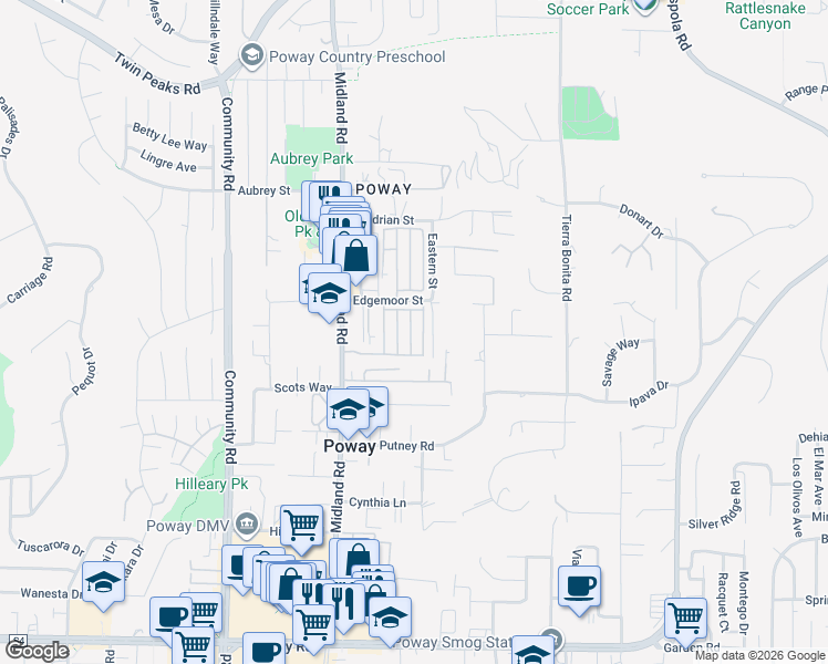 map of restaurants, bars, coffee shops, grocery stores, and more near 13941 Wisteria Avenue in Poway