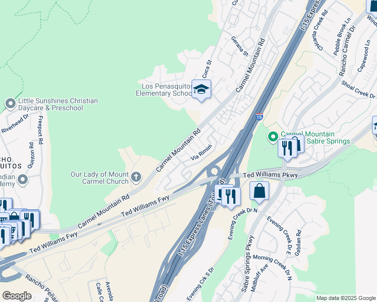 map of restaurants, bars, coffee shops, grocery stores, and more near 11022 Via Asti in San Diego