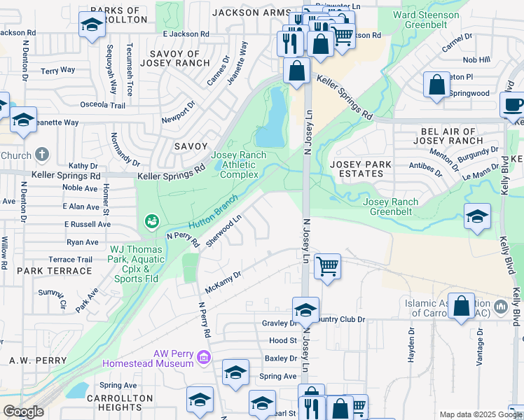 map of restaurants, bars, coffee shops, grocery stores, and more near 1802 Fernwood Circle in Carrollton