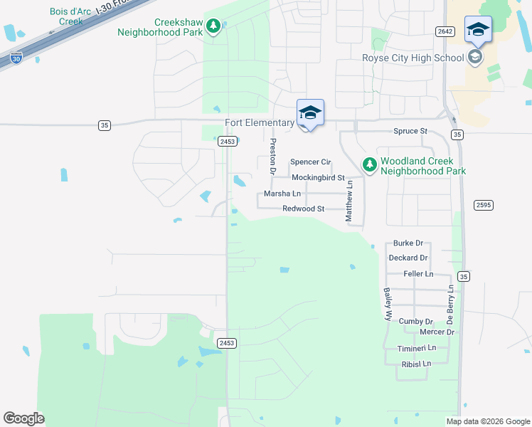 map of restaurants, bars, coffee shops, grocery stores, and more near 2601 Redwood Street in Royse City