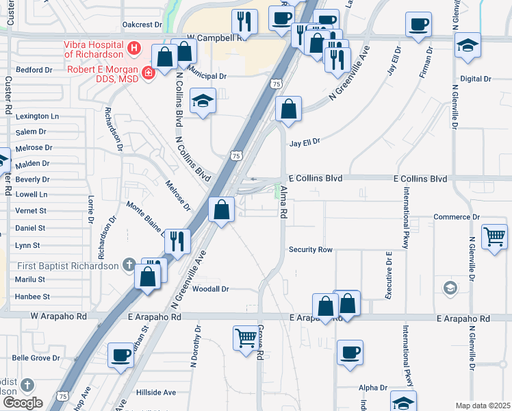map of restaurants, bars, coffee shops, grocery stores, and more near 1227 Alma Road in Richardson
