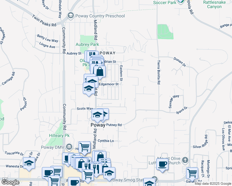 map of restaurants, bars, coffee shops, grocery stores, and more near 13941 Wisteria Avenue in Poway