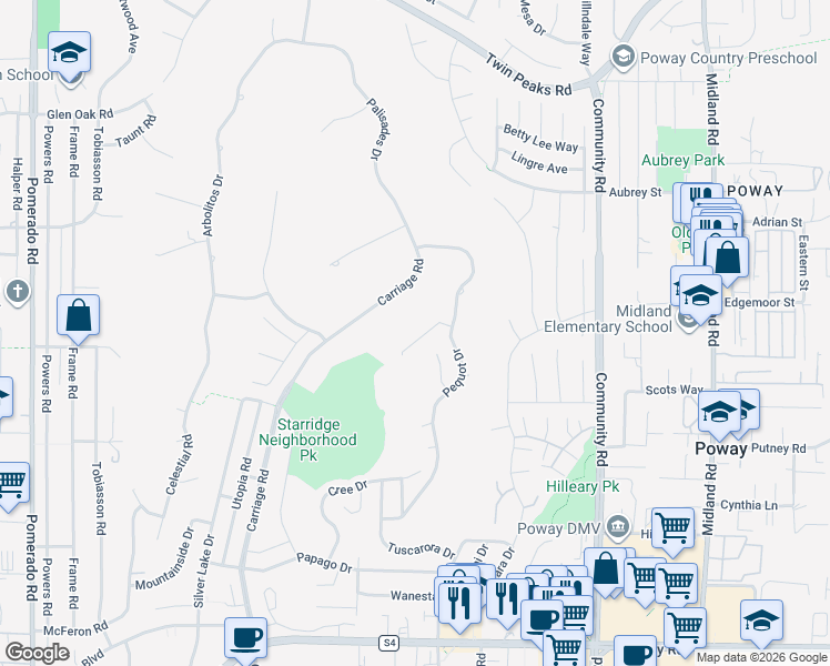 map of restaurants, bars, coffee shops, grocery stores, and more near 13710 Ahwahnee Way in Poway