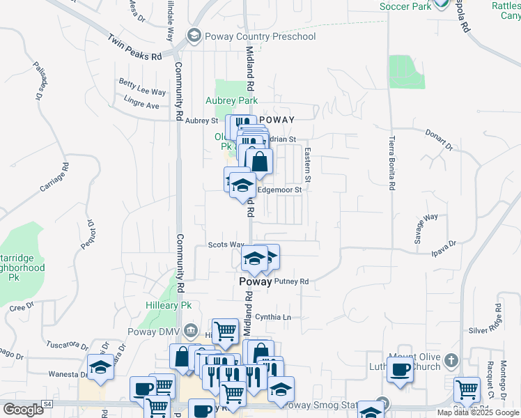 map of restaurants, bars, coffee shops, grocery stores, and more near 13947 Midland Road in Poway