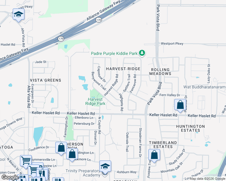 map of restaurants, bars, coffee shops, grocery stores, and more near 4204 Highgate Road in Fort Worth