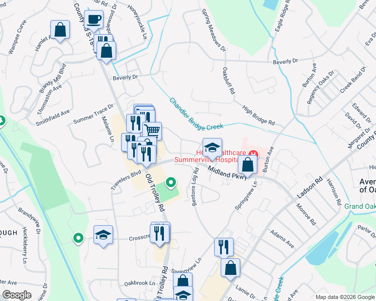 map of restaurants, bars, coffee shops, grocery stores, and more near 115 Hardee Avenue in Summerville