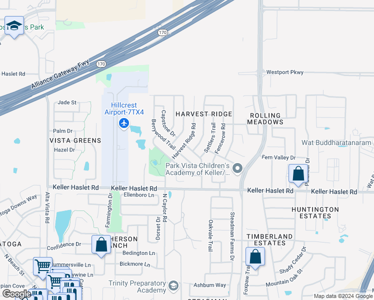map of restaurants, bars, coffee shops, grocery stores, and more near 4204 Highgate Road in Fort Worth