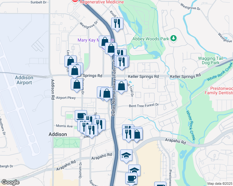 map of restaurants, bars, coffee shops, grocery stores, and more near 15909 Dallas Parkway in Addison