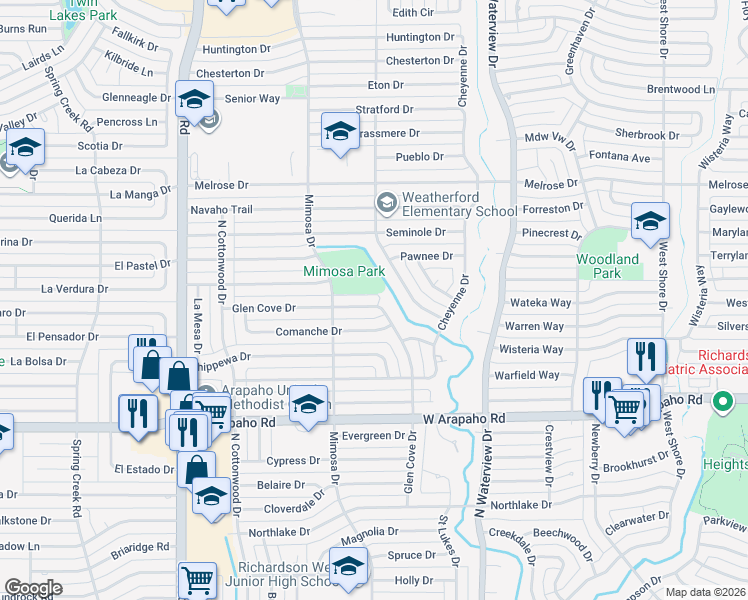 map of restaurants, bars, coffee shops, grocery stores, and more near 1224 Glen Cove Drive in Richardson