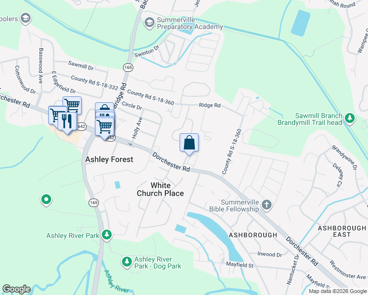 map of restaurants, bars, coffee shops, grocery stores, and more near 245 Medford Drive in Summerville