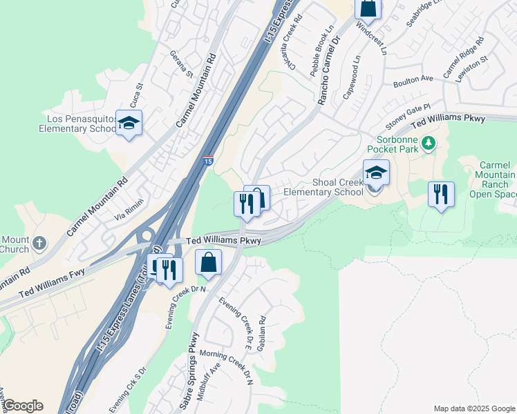 map of restaurants, bars, coffee shops, grocery stores, and more near 11144 Provencal Place in San Diego
