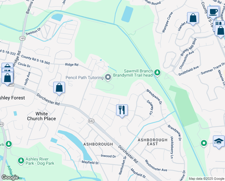 map of restaurants, bars, coffee shops, grocery stores, and more near 124 Fannie Drive in Summerville