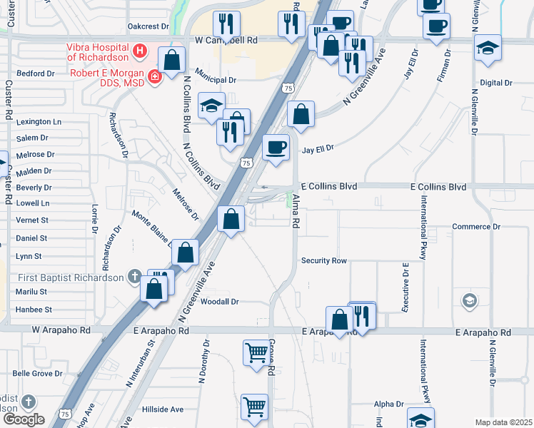 map of restaurants, bars, coffee shops, grocery stores, and more near 1227 Alma Road in Richardson