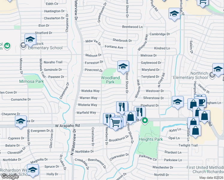 map of restaurants, bars, coffee shops, grocery stores, and more near 814 Wateka Way in Richardson