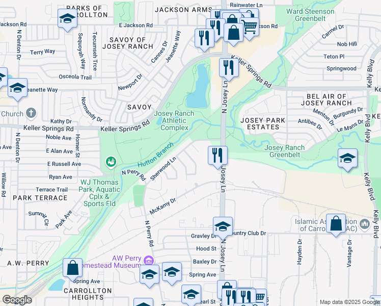 map of restaurants, bars, coffee shops, grocery stores, and more near 1802 Fernwood Circle in Carrollton