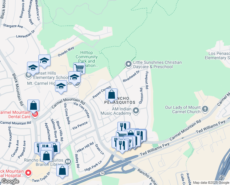 map of restaurants, bars, coffee shops, grocery stores, and more near 13837 Paseo Cardiel in San Diego