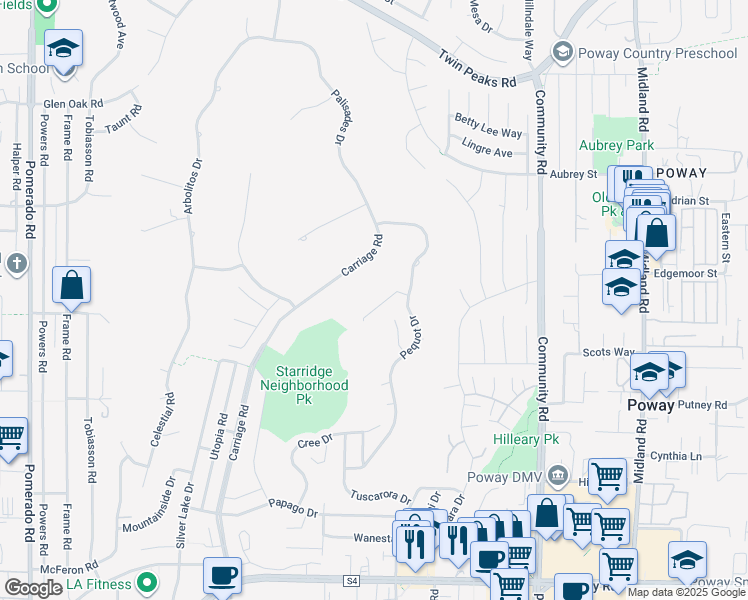 map of restaurants, bars, coffee shops, grocery stores, and more near 13710 Ahwahnee Way in Poway