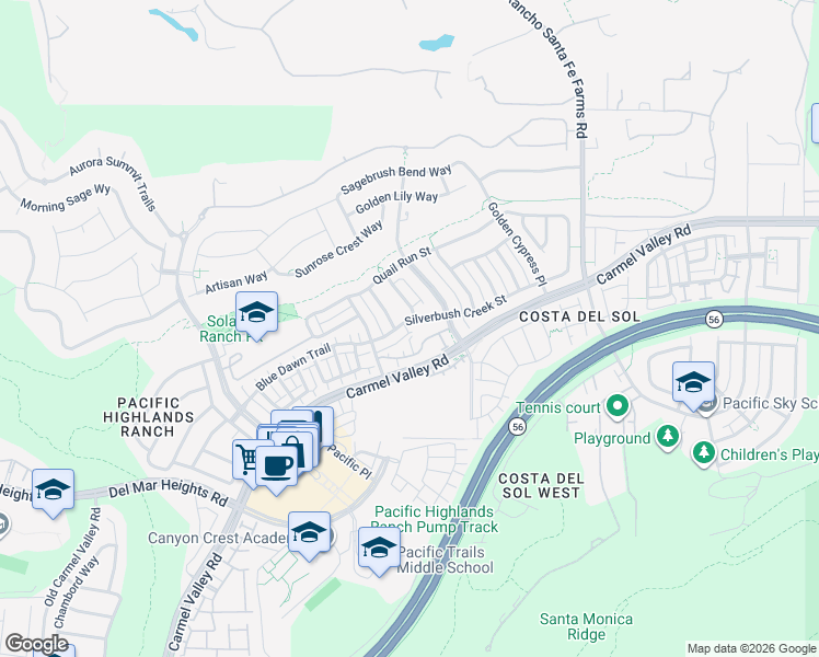 map of restaurants, bars, coffee shops, grocery stores, and more near 6265 Silverbush Creek Street in San Diego
