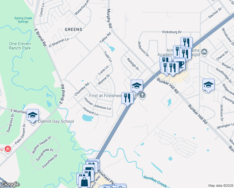 map of restaurants, bars, coffee shops, grocery stores, and more near 10 Means Farm Road in Garland