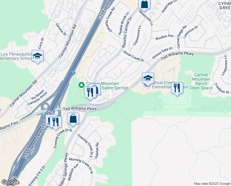 map of restaurants, bars, coffee shops, grocery stores, and more near 11287 Provencal Place in San Diego