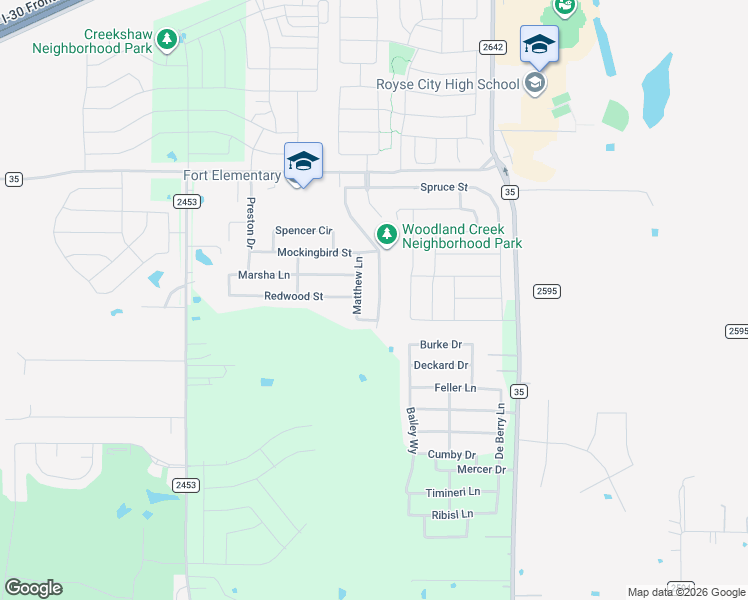 map of restaurants, bars, coffee shops, grocery stores, and more near 908 Matthew Lane in Royse City