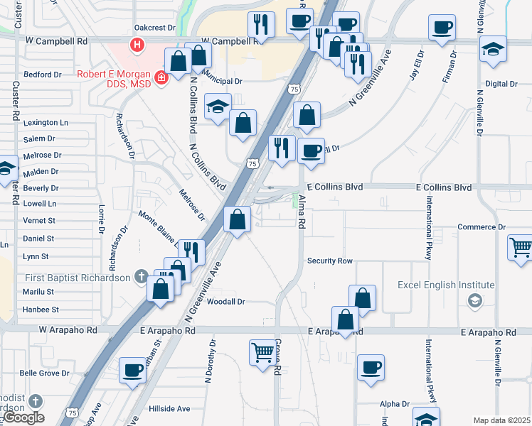 map of restaurants, bars, coffee shops, grocery stores, and more near 1227 Alma Road in Richardson