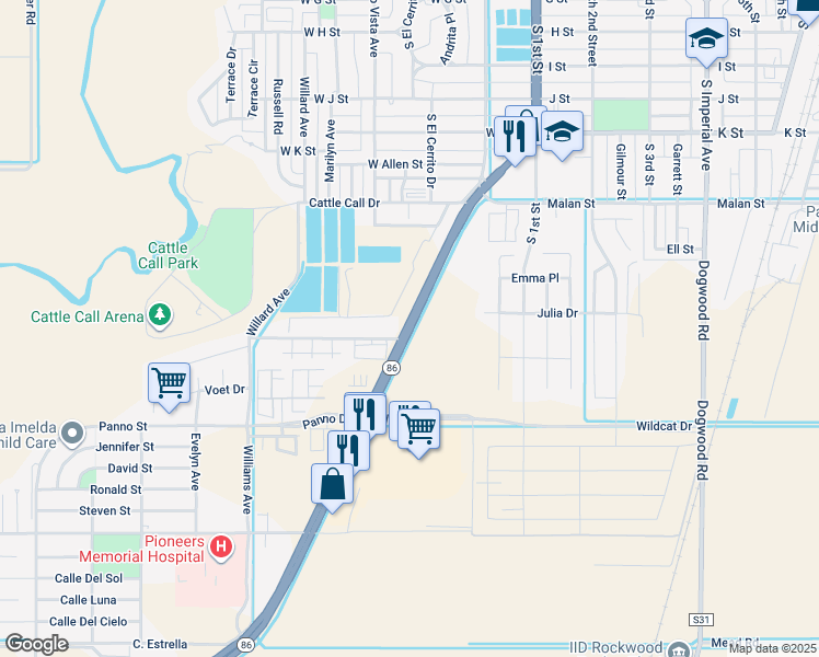 map of restaurants, bars, coffee shops, grocery stores, and more near Highway 86 in Brawley