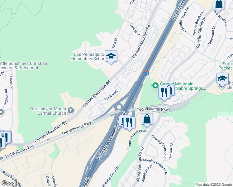 map of restaurants, bars, coffee shops, grocery stores, and more near 11002 Via San Marco in San Diego