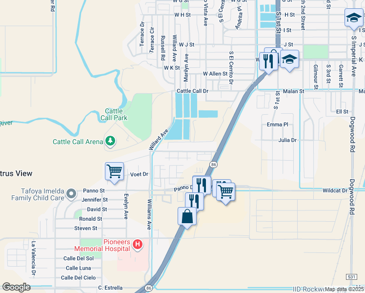 map of restaurants, bars, coffee shops, grocery stores, and more near 459 Julia Drive in Brawley