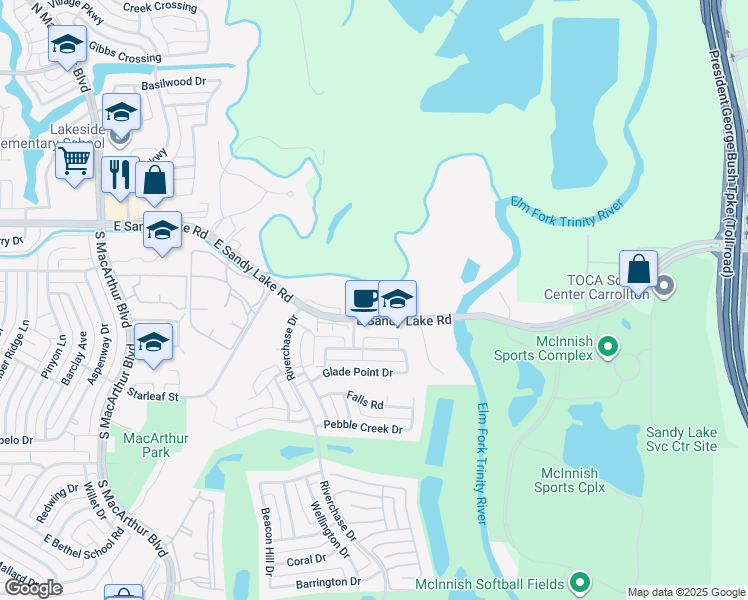 map of restaurants, bars, coffee shops, grocery stores, and more near 1530 East Sandy Lake Road in Coppell