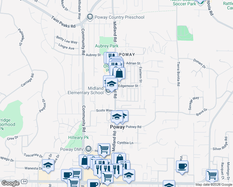 map of restaurants, bars, coffee shops, grocery stores, and more near 13963 Midland Road in Poway