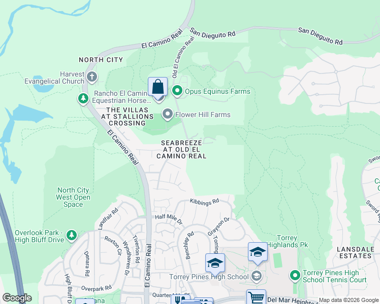 map of restaurants, bars, coffee shops, grocery stores, and more near 13746 Old El Camino Real in San Diego