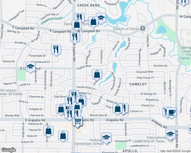 map of restaurants, bars, coffee shops, grocery stores, and more near 3226 Shield Lane in Garland