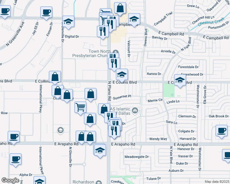 map of restaurants, bars, coffee shops, grocery stores, and more near 1510 North Plano Road in Richardson