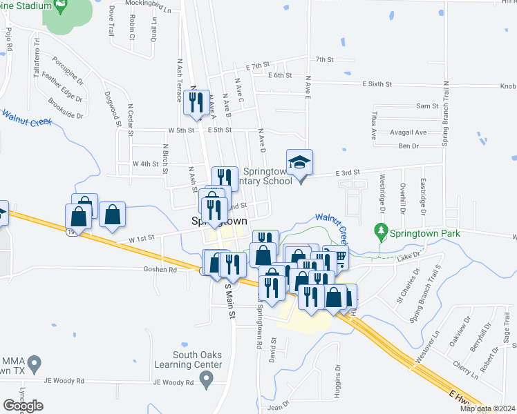 map of restaurants, bars, coffee shops, grocery stores, and more near 118 North Avenue C in Springtown