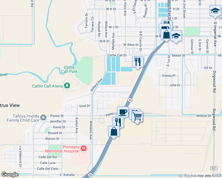 map of restaurants, bars, coffee shops, grocery stores, and more near 459 Julia Drive in Brawley