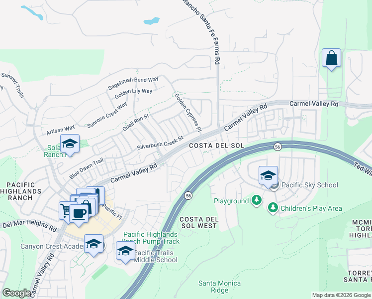 map of restaurants, bars, coffee shops, grocery stores, and more near 13528 Peach Tree Way in San Diego