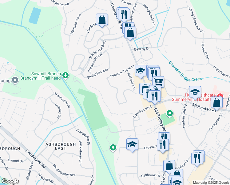 map of restaurants, bars, coffee shops, grocery stores, and more near 120 Willowbend Lane in Summerville