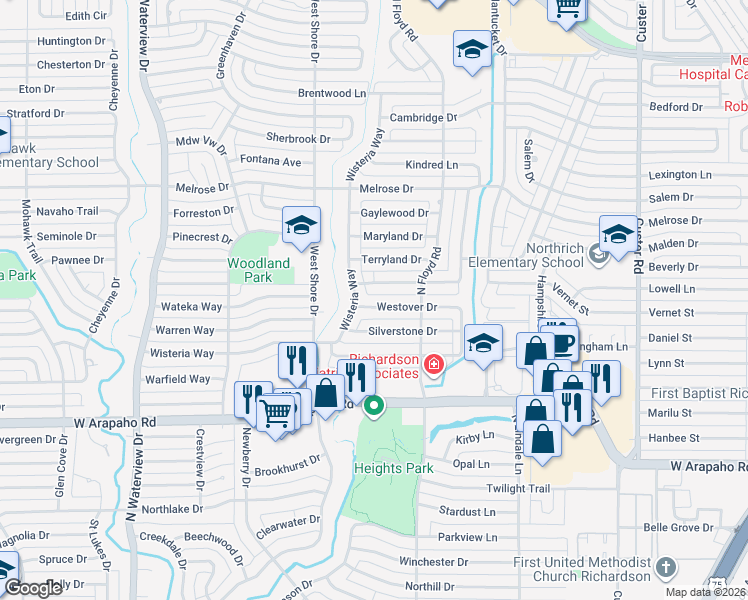 map of restaurants, bars, coffee shops, grocery stores, and more near 719 Timberlake Circle in Richardson