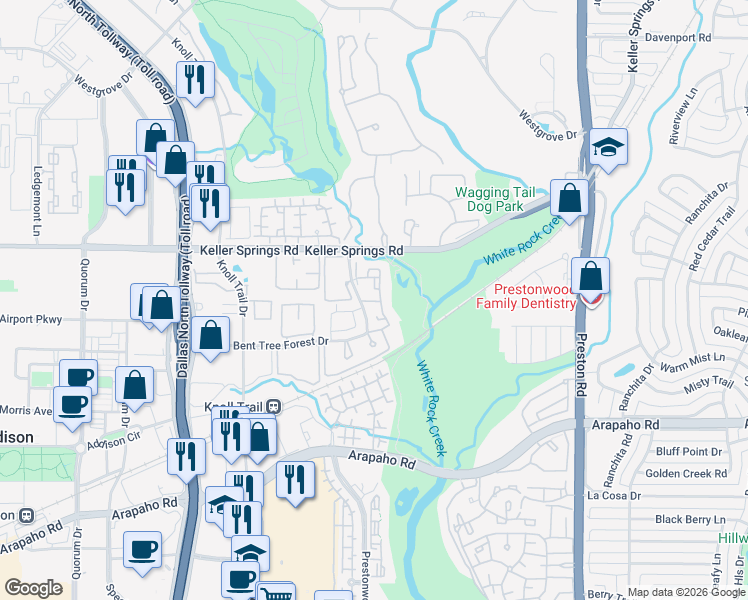 map of restaurants, bars, coffee shops, grocery stores, and more near 16000 Bent Tree Forest Circle in Dallas
