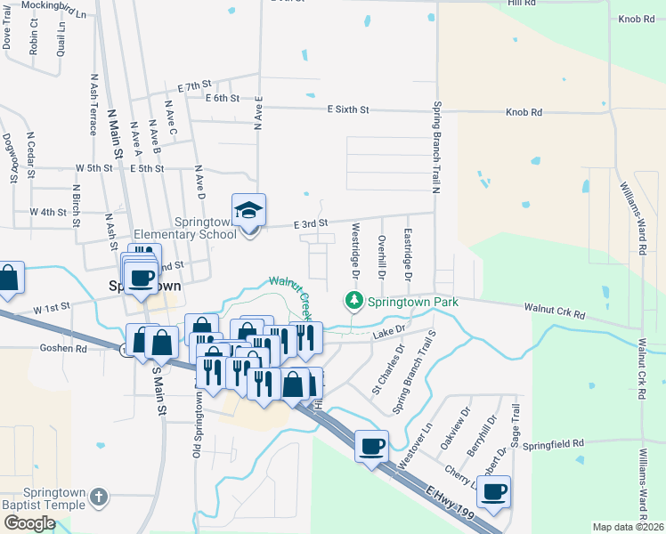 map of restaurants, bars, coffee shops, grocery stores, and more near 121 Westridge Drive in Springtown